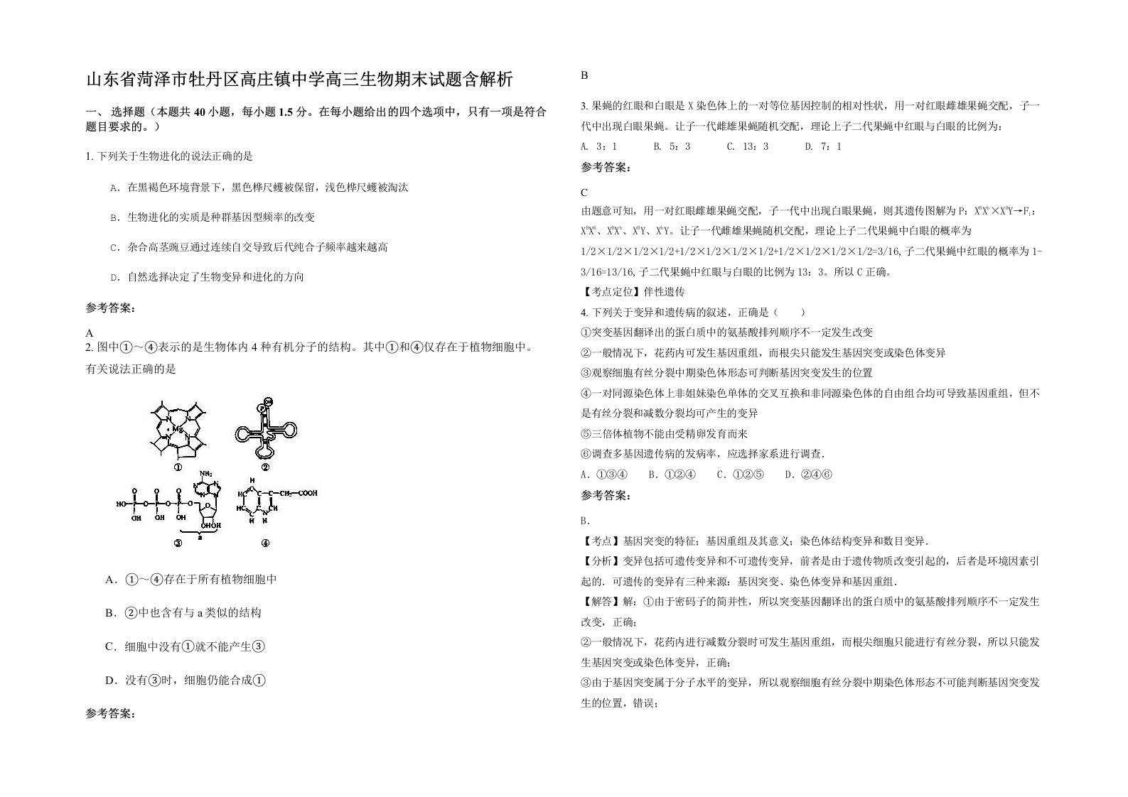 山东省菏泽市牡丹区高庄镇中学高三生物期末试题含解析