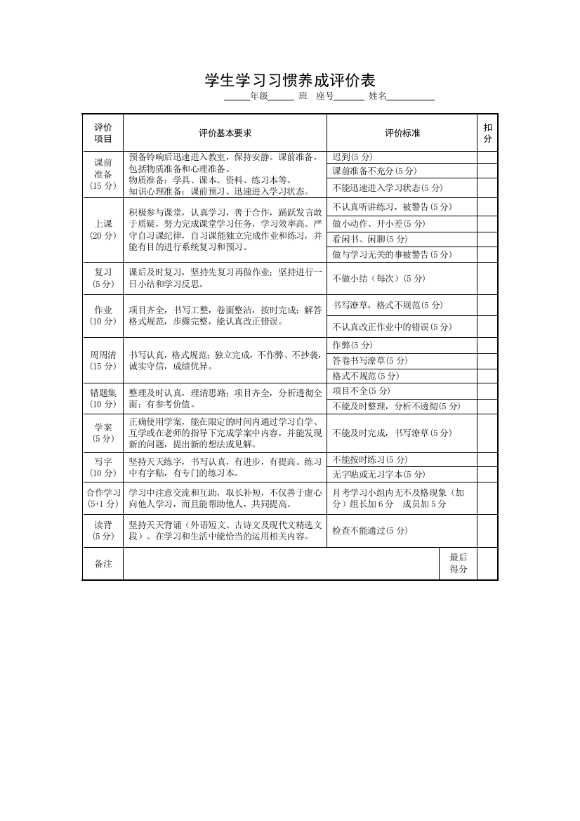 学生学习习惯养成评价表