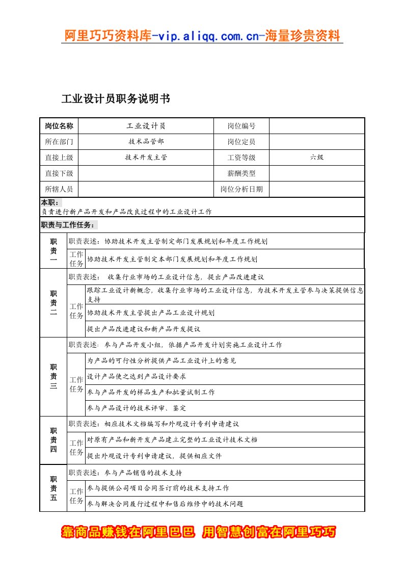 宁波华能贸易公司技术品管部工业设计员职务说明书