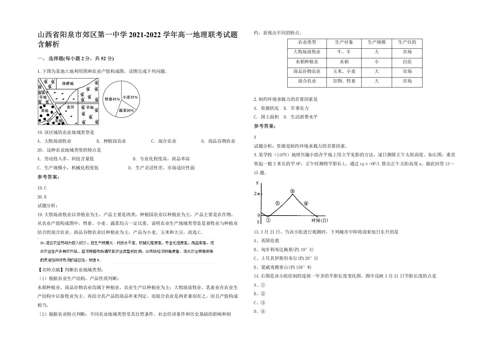 山西省阳泉市郊区第一中学2021-2022学年高一地理联考试题含解析