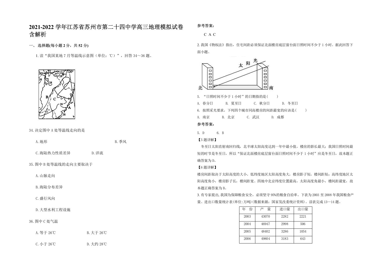 2021-2022学年江苏省苏州市第二十四中学高三地理模拟试卷含解析