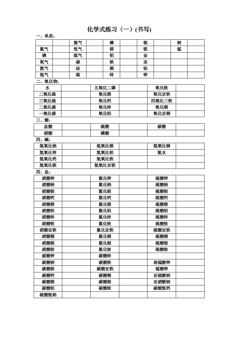 化学式书写练习