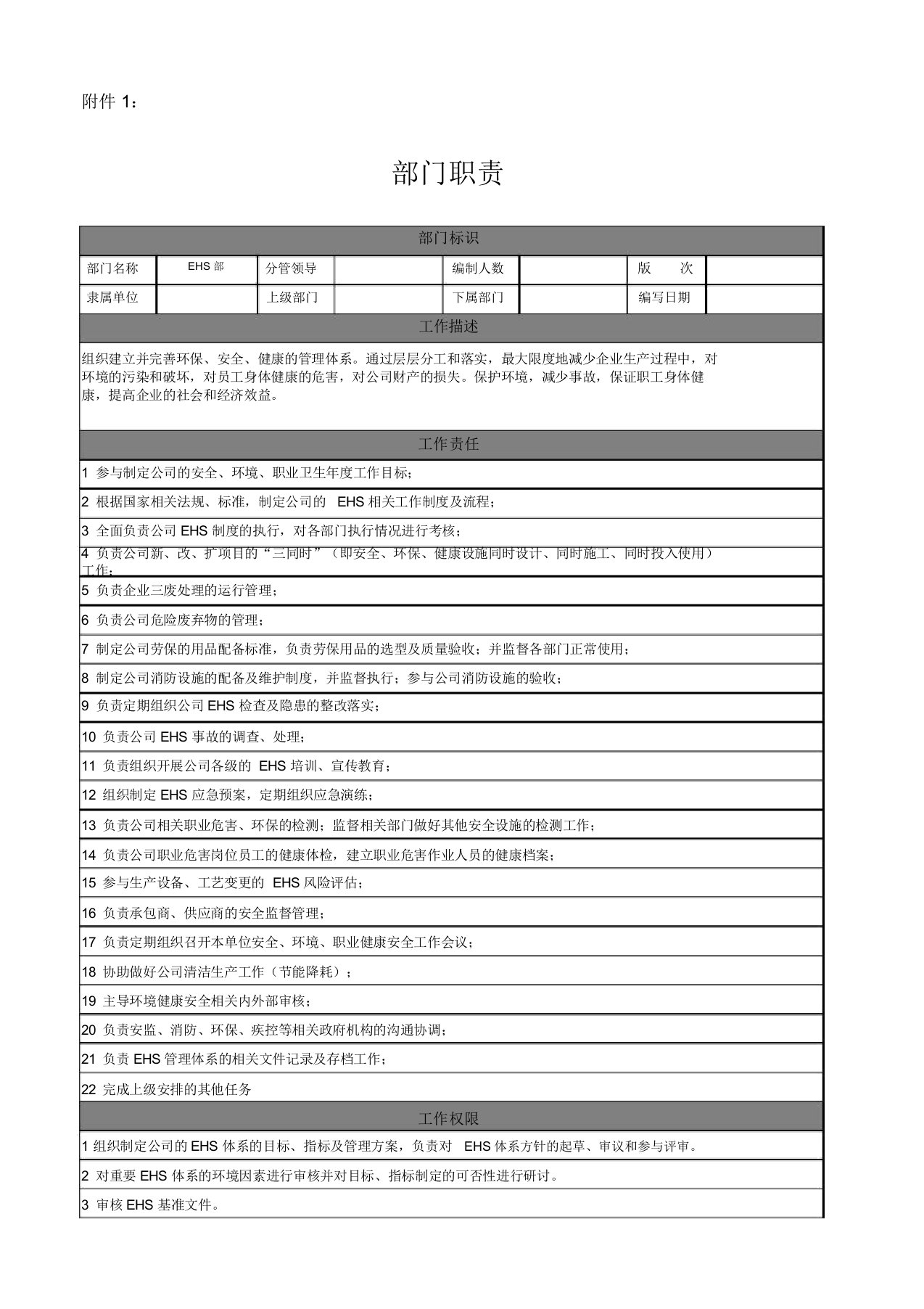 EHS部门职责