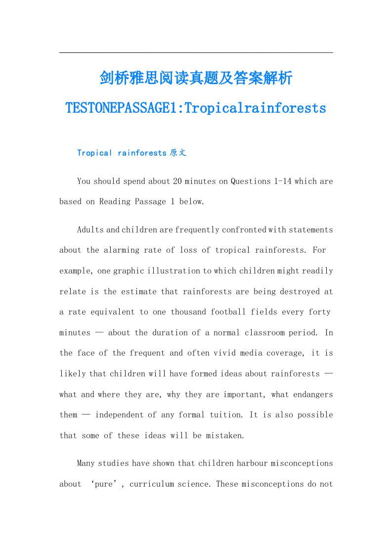 剑桥雅思阅读真题及答案解析TESTONEPASSAGE1-Tropicalrainforests