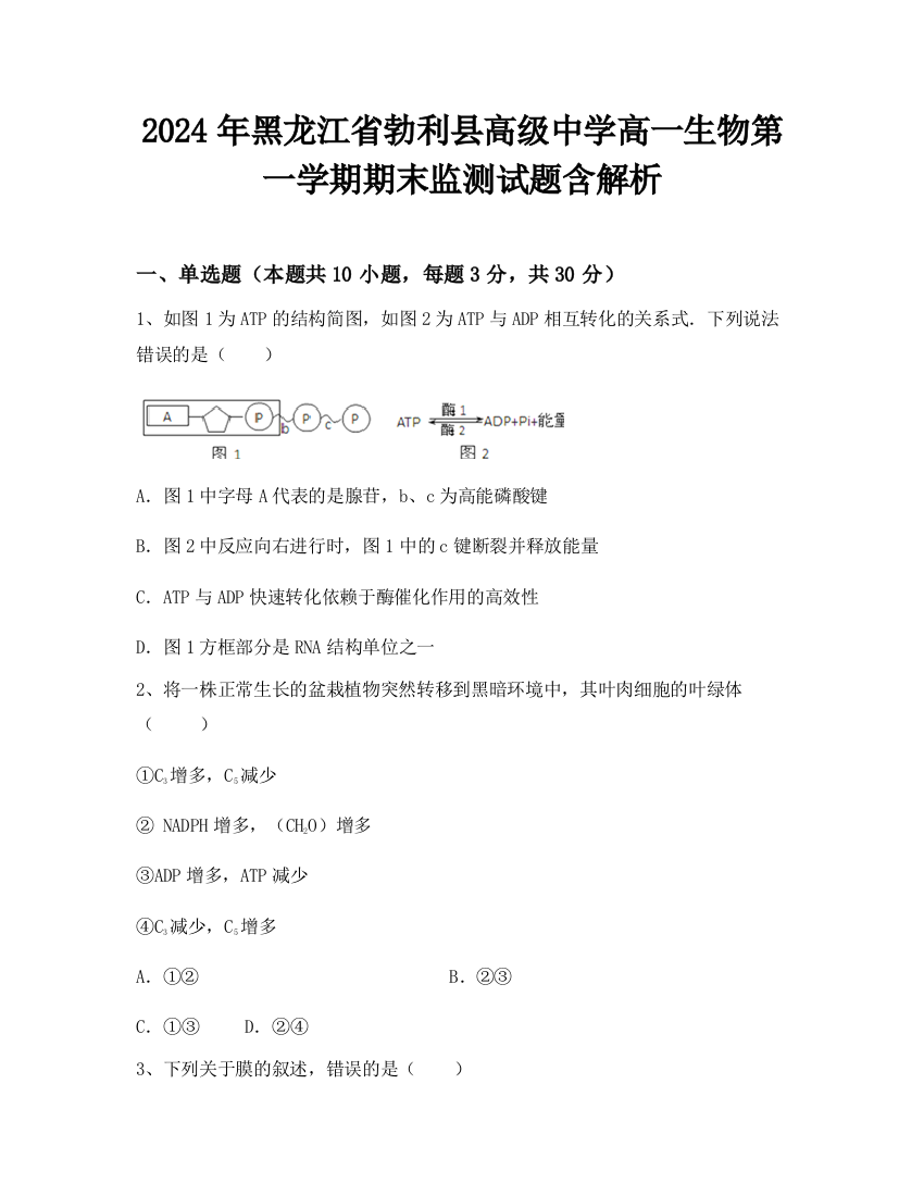 2024年黑龙江省勃利县高级中学高一生物第一学期期末监测试题含解析