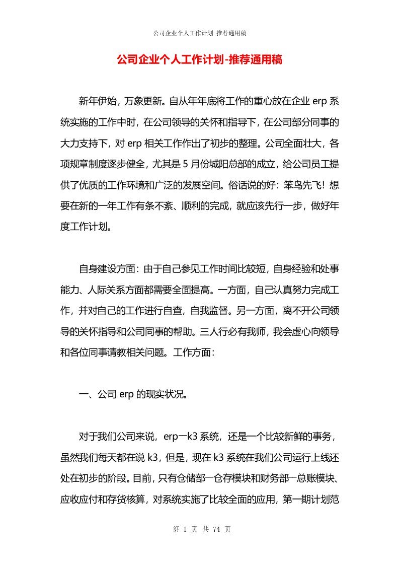 公司企业个人工作计划