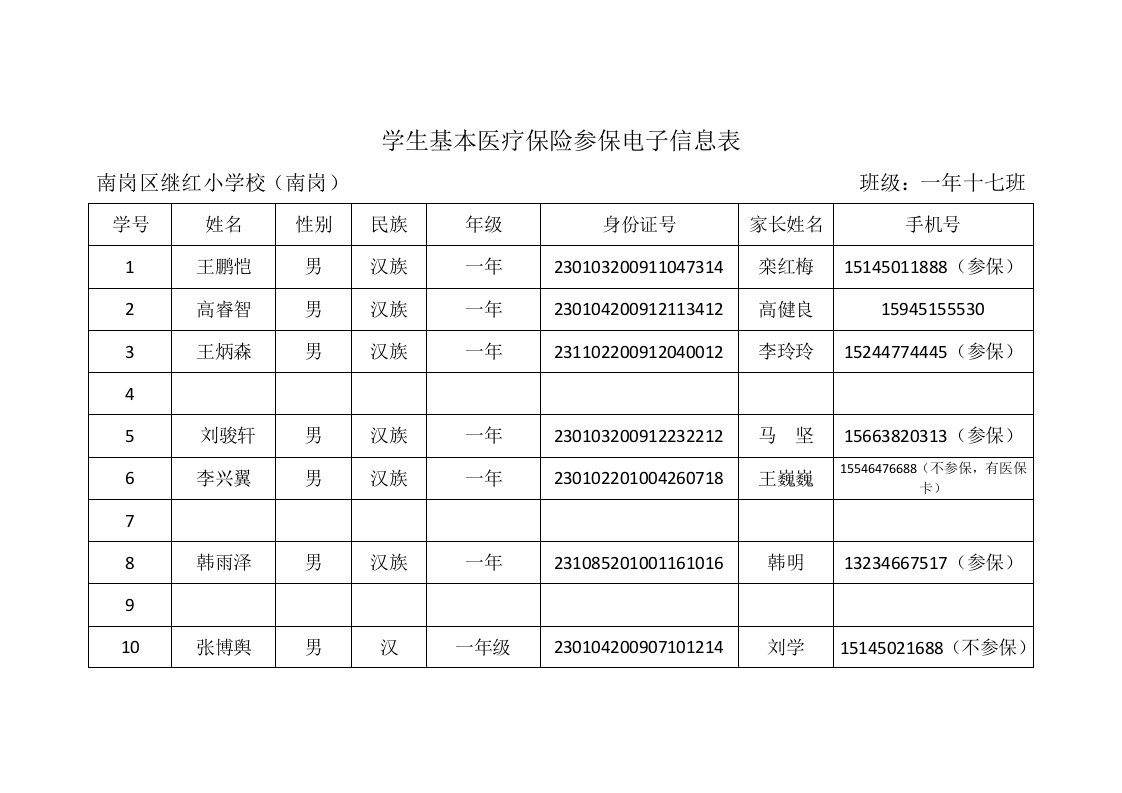 学生基本医疗保险参保电子信息表