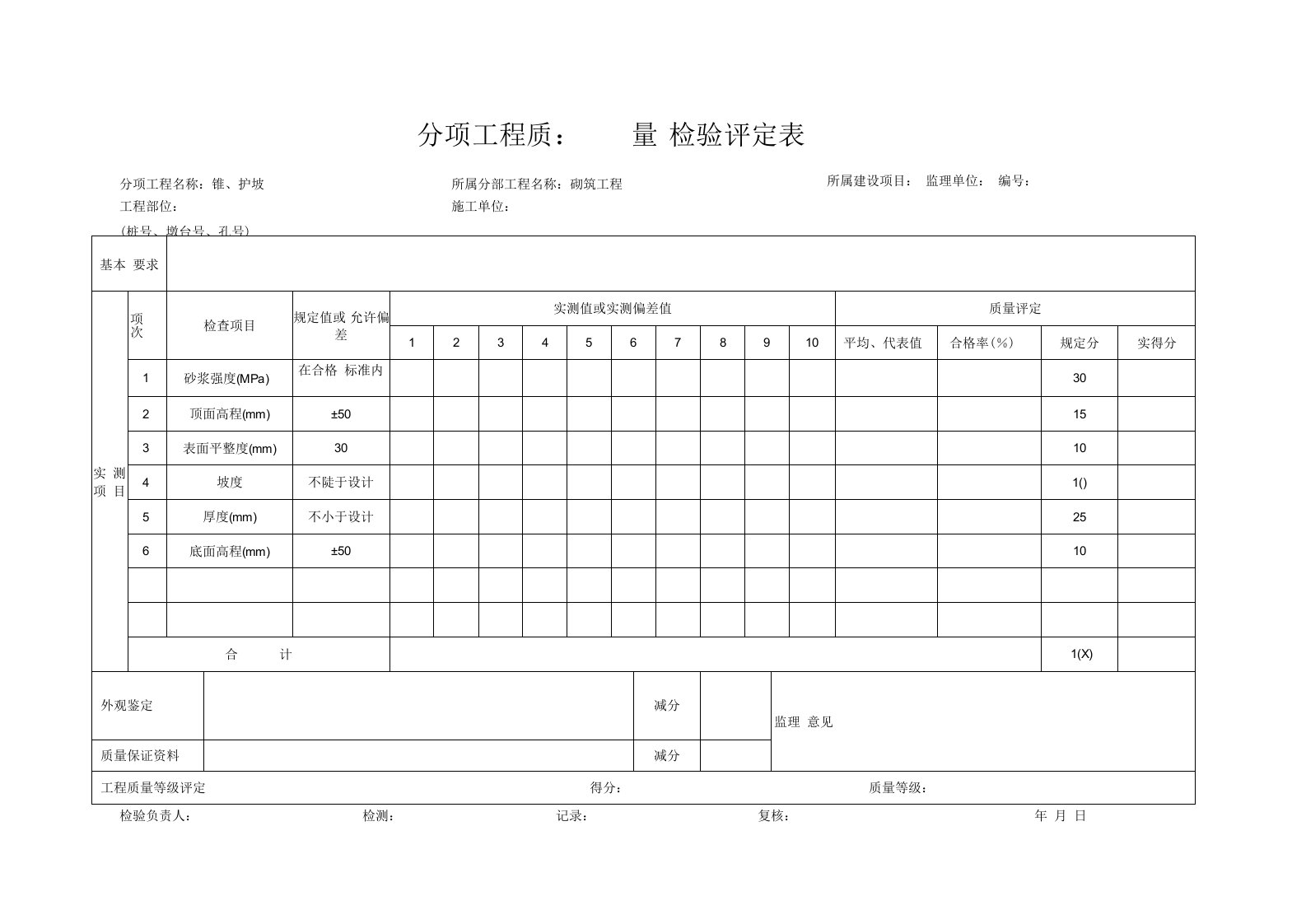 分项工程质量检验评定表（砌筑工程）