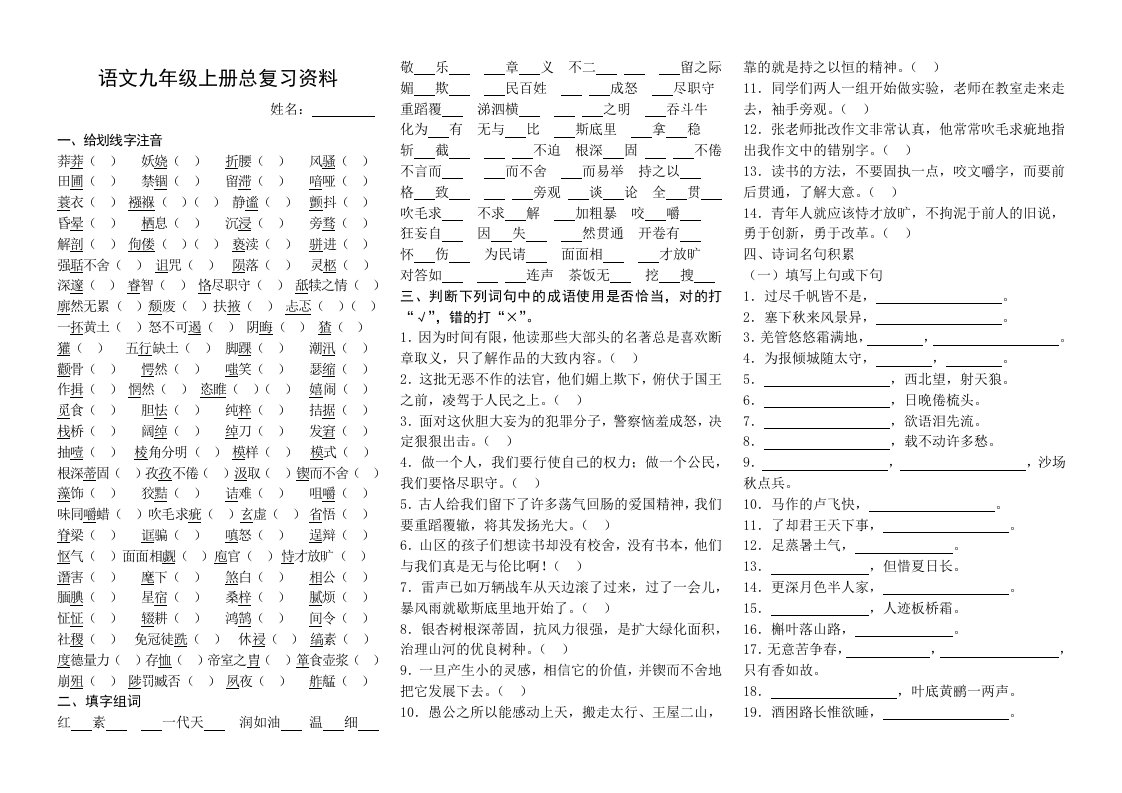 语文九年级上册期末复习资料