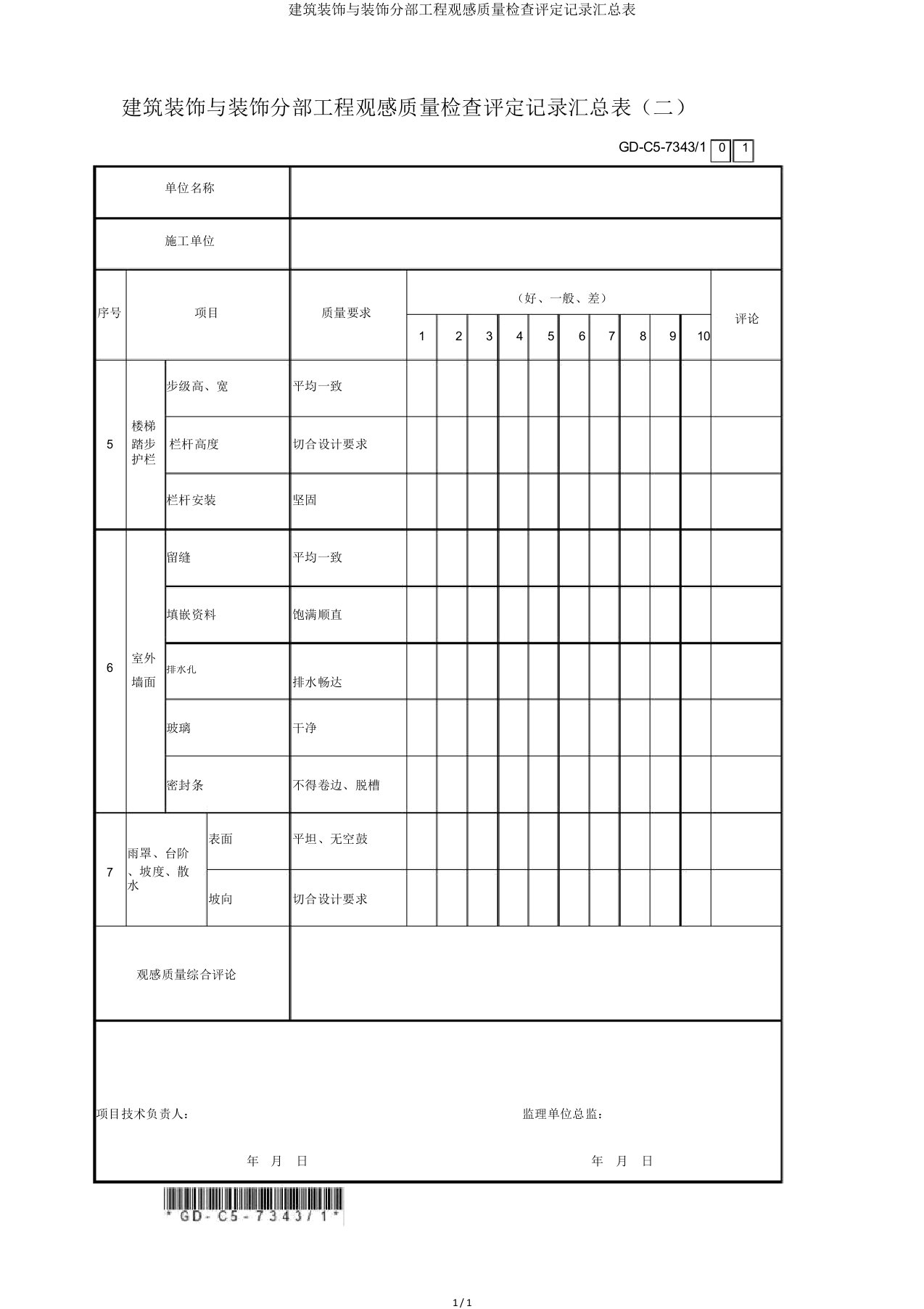 建筑装饰与装修分部工程观感质量检查评定记录汇总表