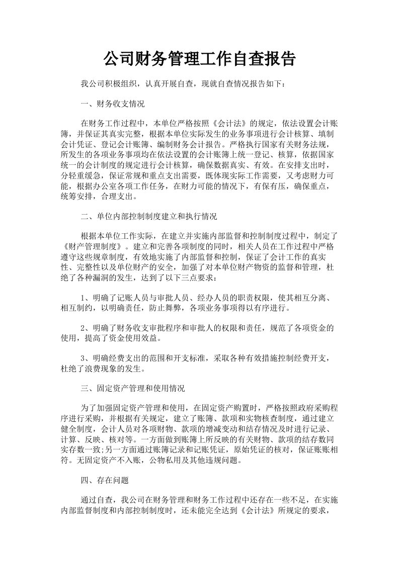 公司财务管理工作自查报告