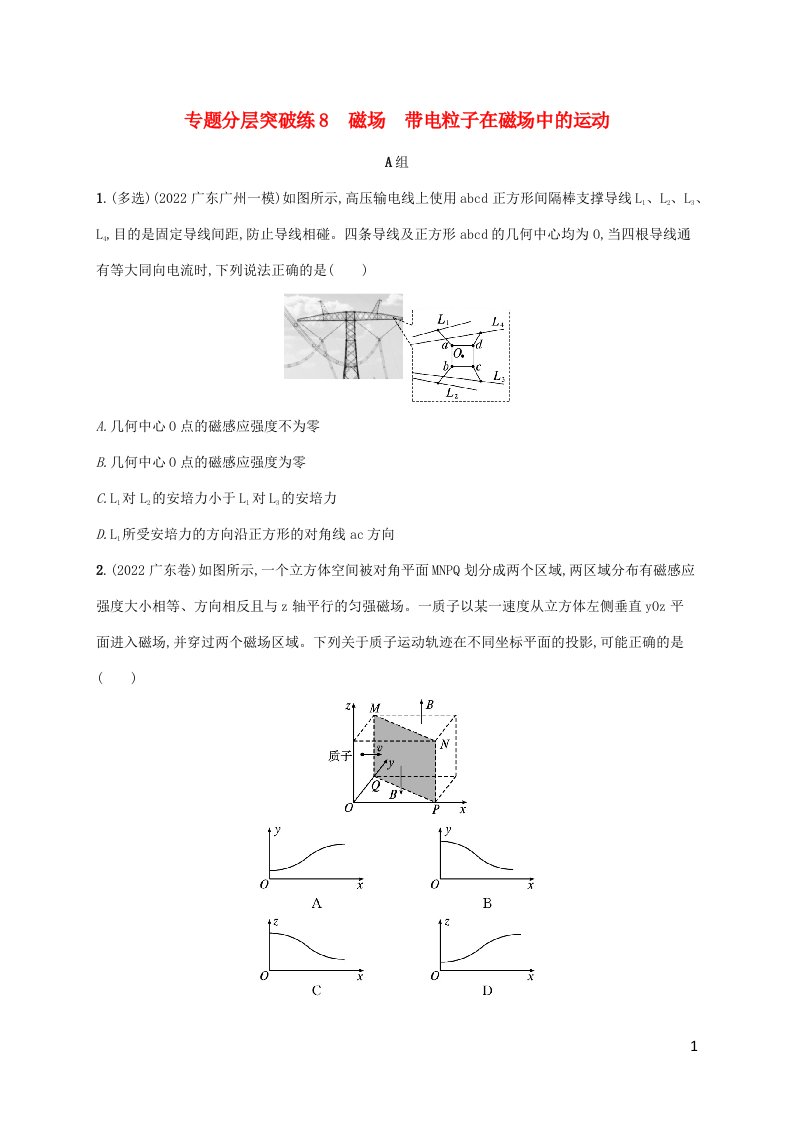 老高考新教材适用2023版高考物理二轮复习专题3电场与磁持层突破练8磁场带电粒子在磁场中的运动