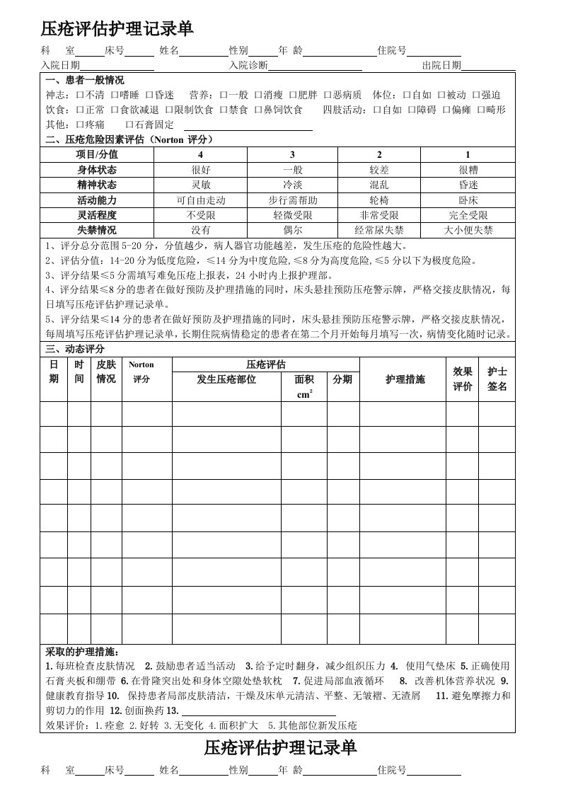 压疮护理评估记录单