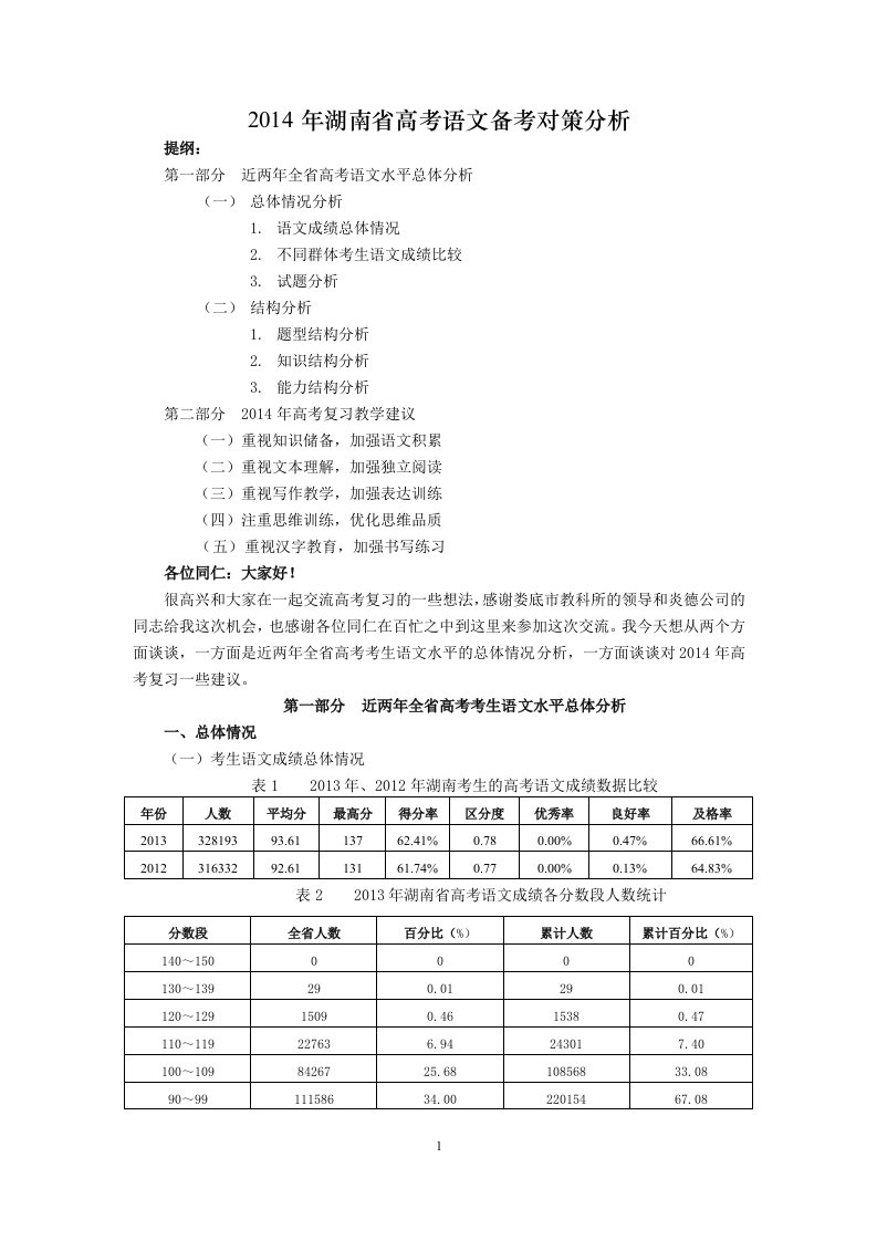 2014年湖南省高考语文备考对策分析