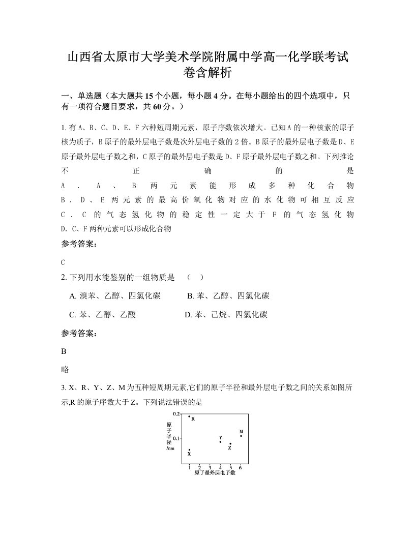 山西省太原市大学美术学院附属中学高一化学联考试卷含解析