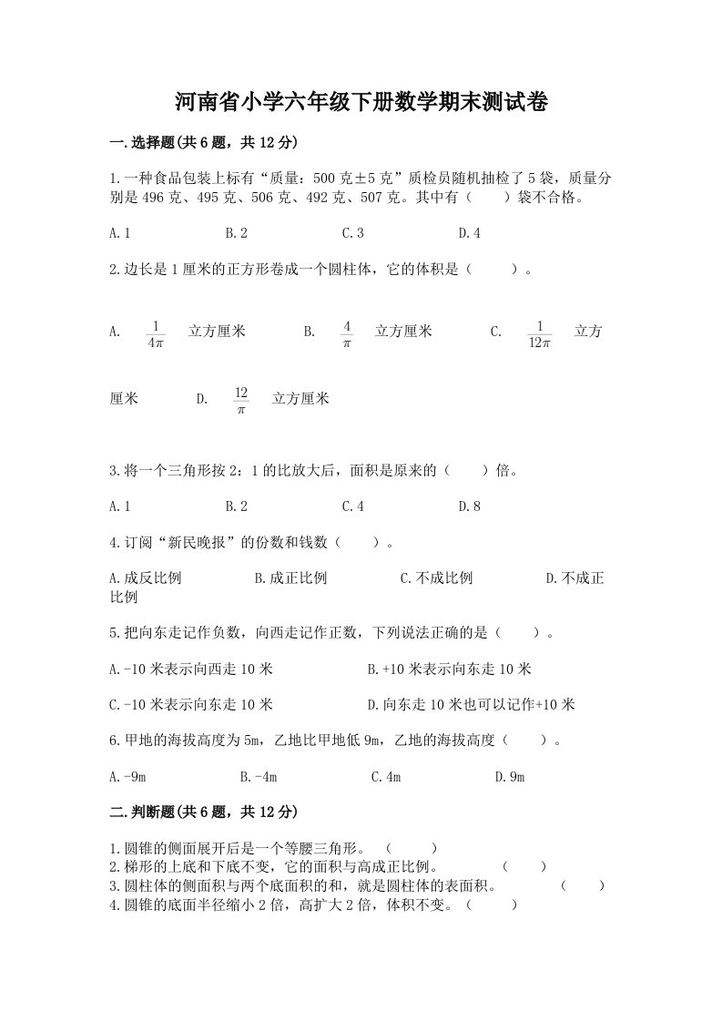 河南省小学六年级下册数学期末测试卷精品（能力提升）