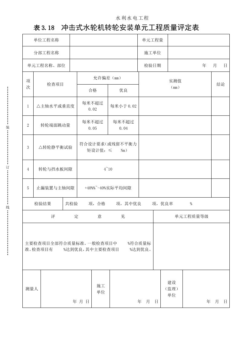 建筑资料-表318击式水轮机转轮安装单元工程质量评定表