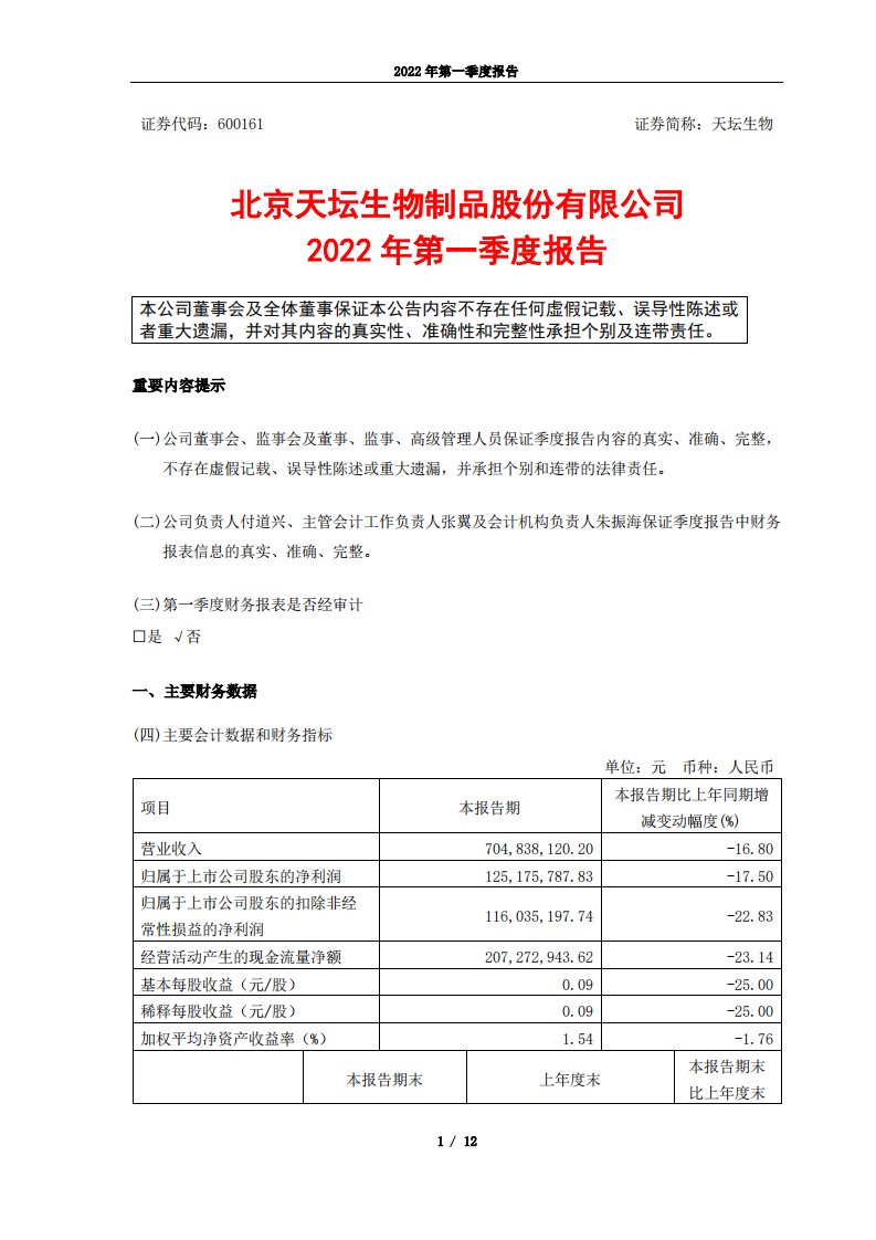 上交所-天坛生物2022年第一季度报告-20220425