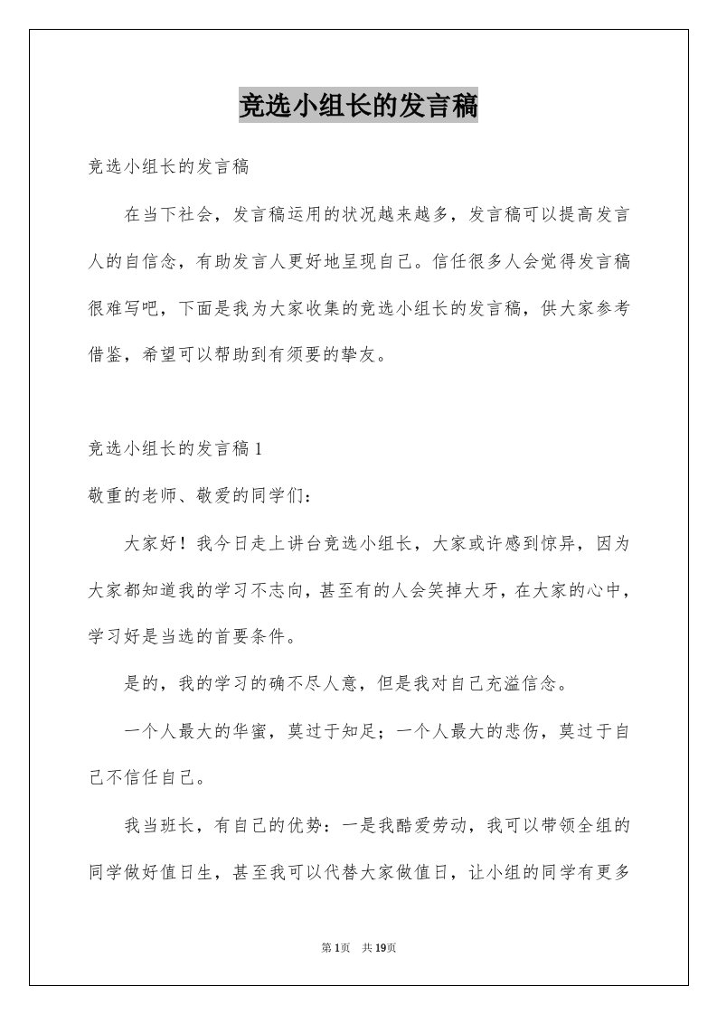 竞选小组长的发言稿例文