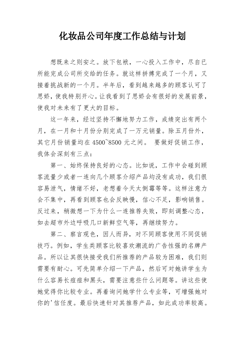 化妆品公司年度工作总结与计划