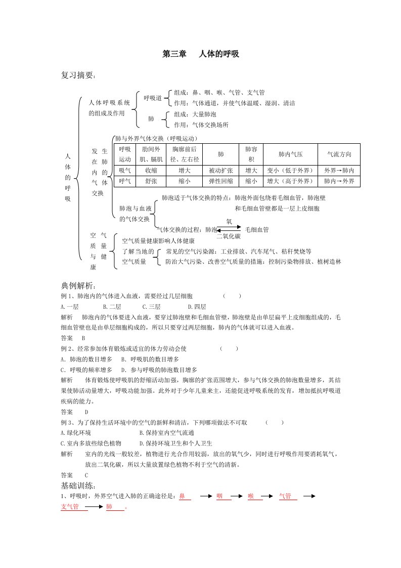 初一生物第三章试题人体的呼吸