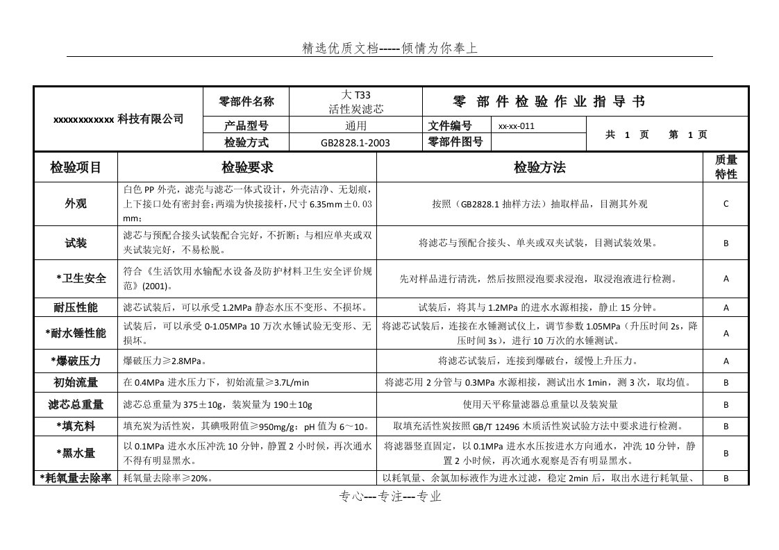 净水器小T33大T33滤芯检验标准(共2页)