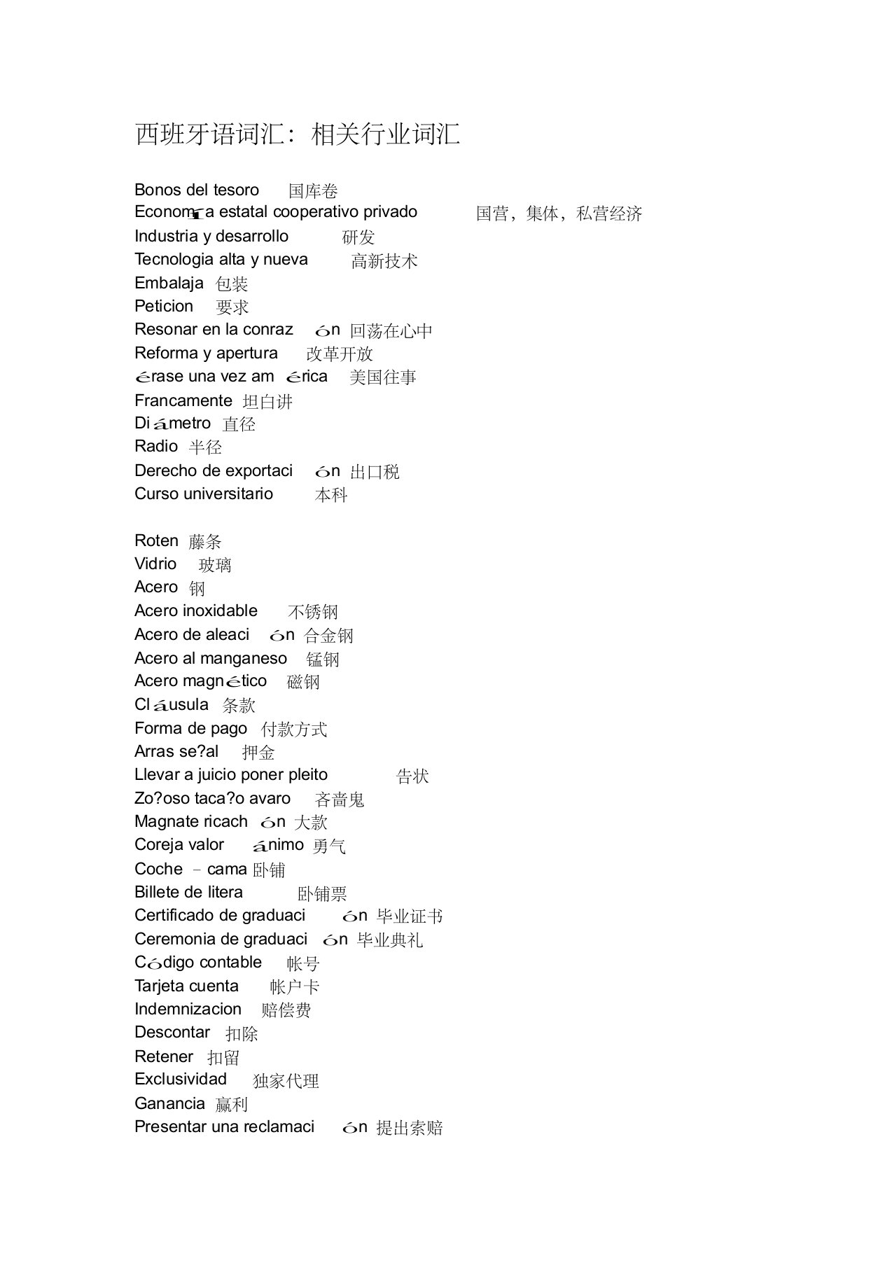 西班牙语词汇：相关行业词汇