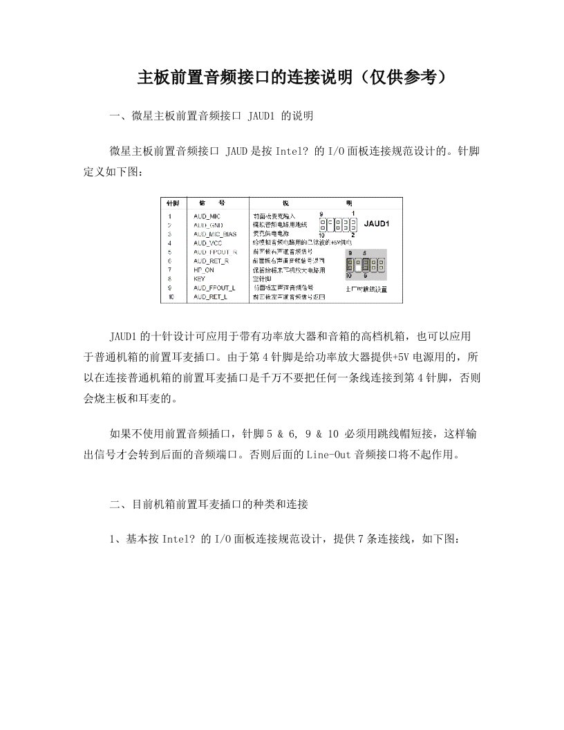 主板前置音频接口的连接说明