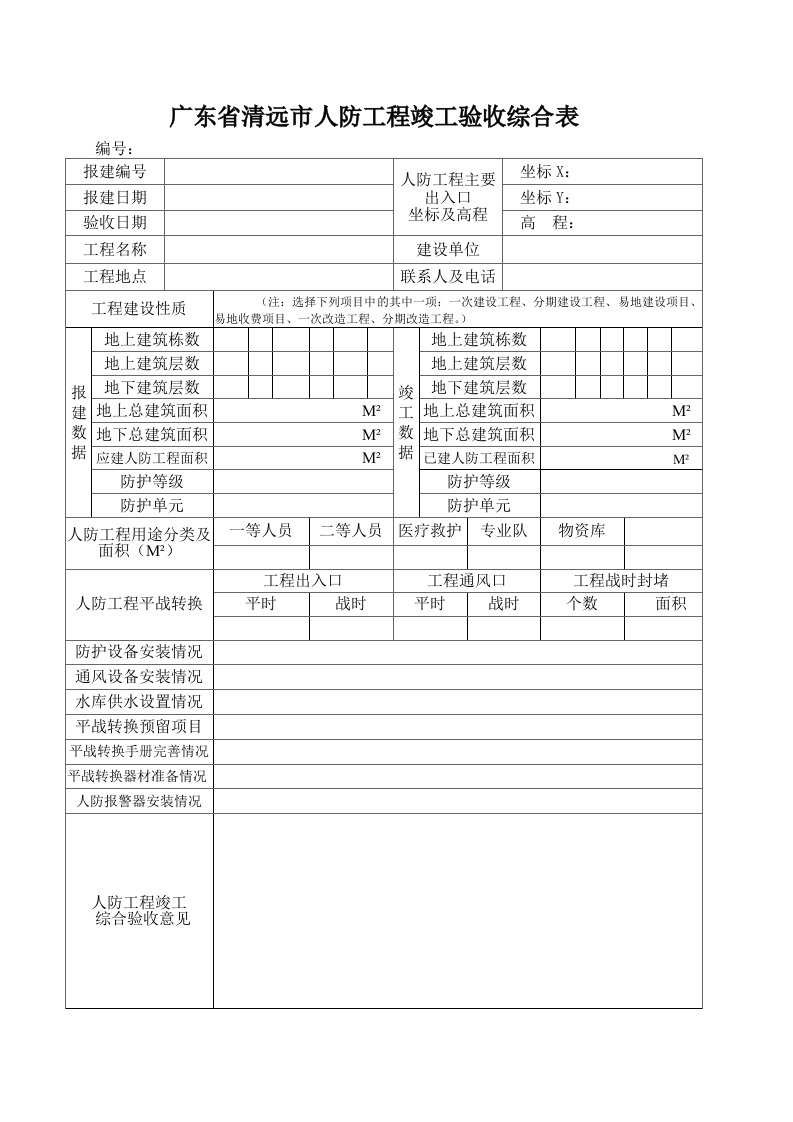 广东省清远市人防工程竣工验收综合表