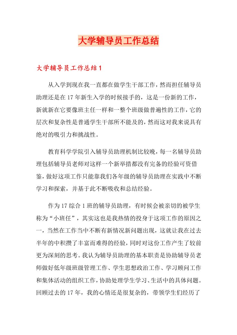 大学辅导员工作总结