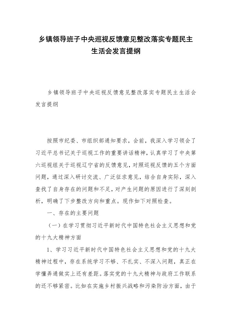 乡镇领导班子中央巡视反馈意见整改落实专题民主生活会发言提纲