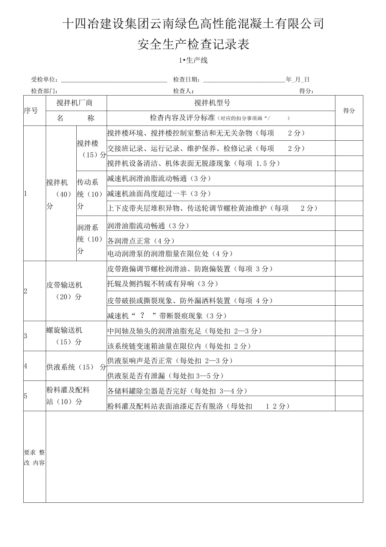 混凝土搅拌站安全生产检查记录表