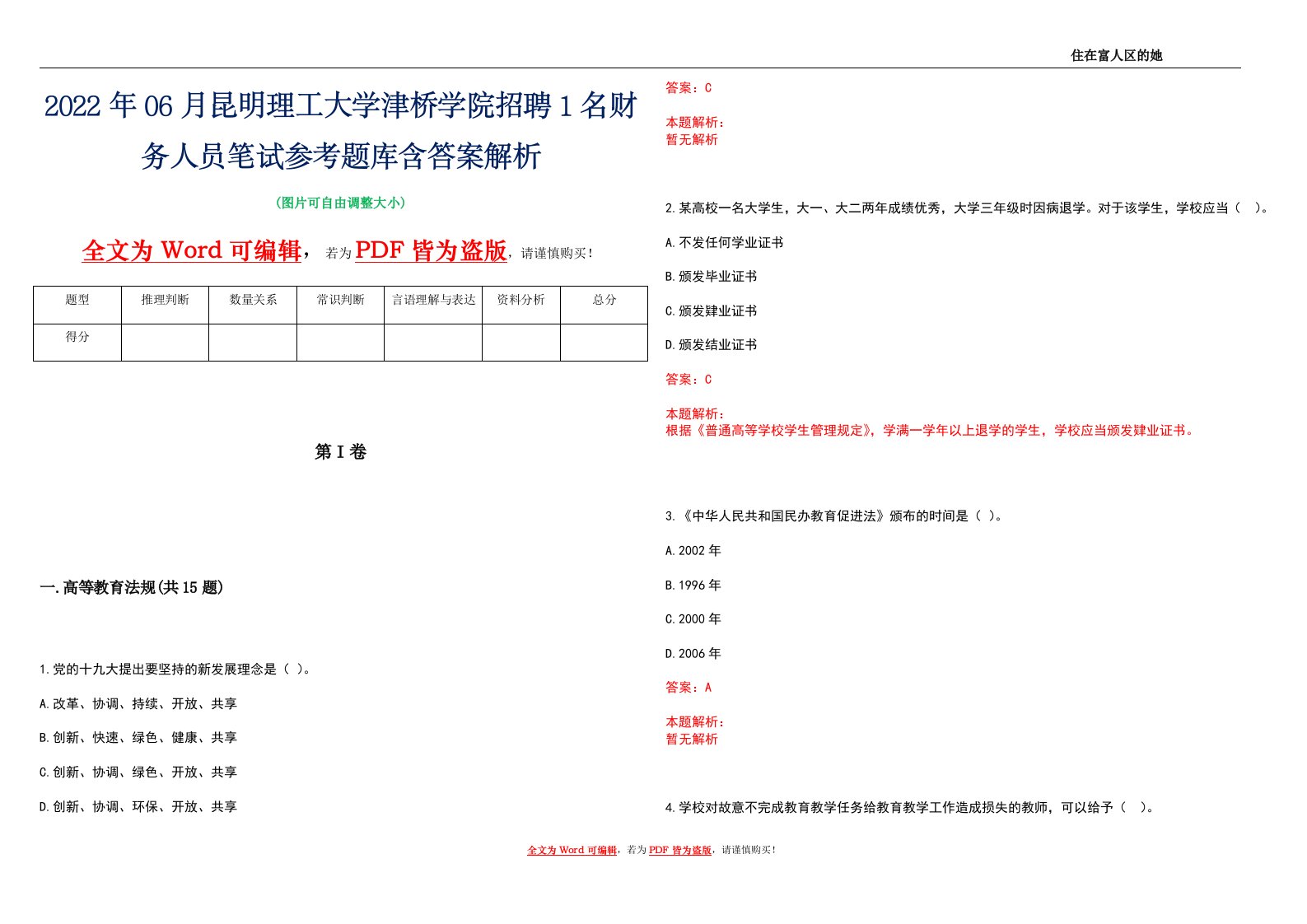 2022年06月昆明理工大学津桥学院招聘1名财务人员笔试参考题库含答案解析