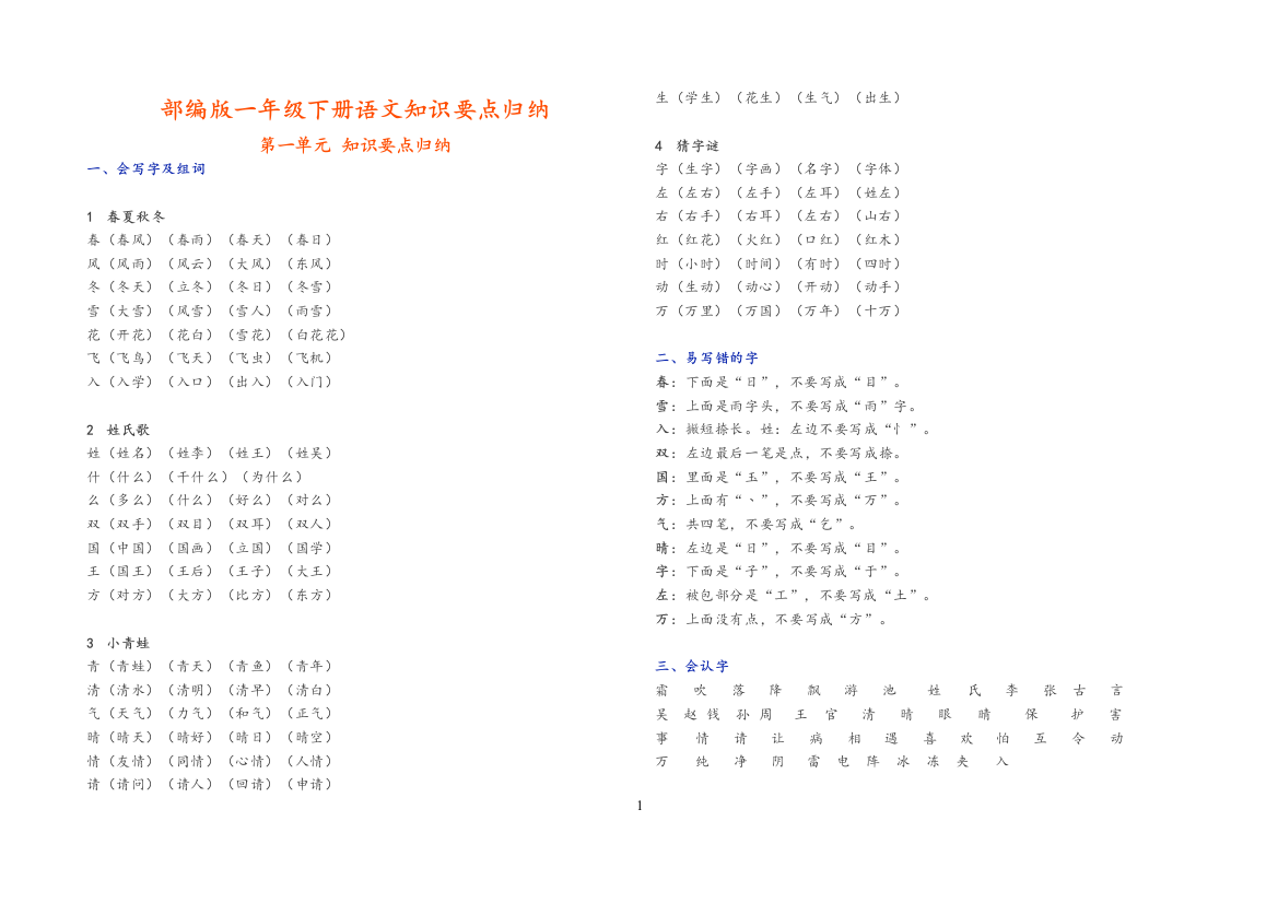 (完整word版)部编版一年级下册语文知识点归类(可直接打印)