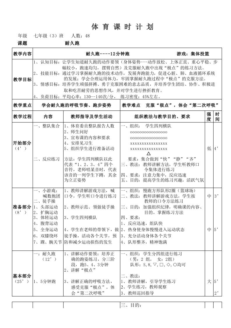 初中耐久跑体育教案