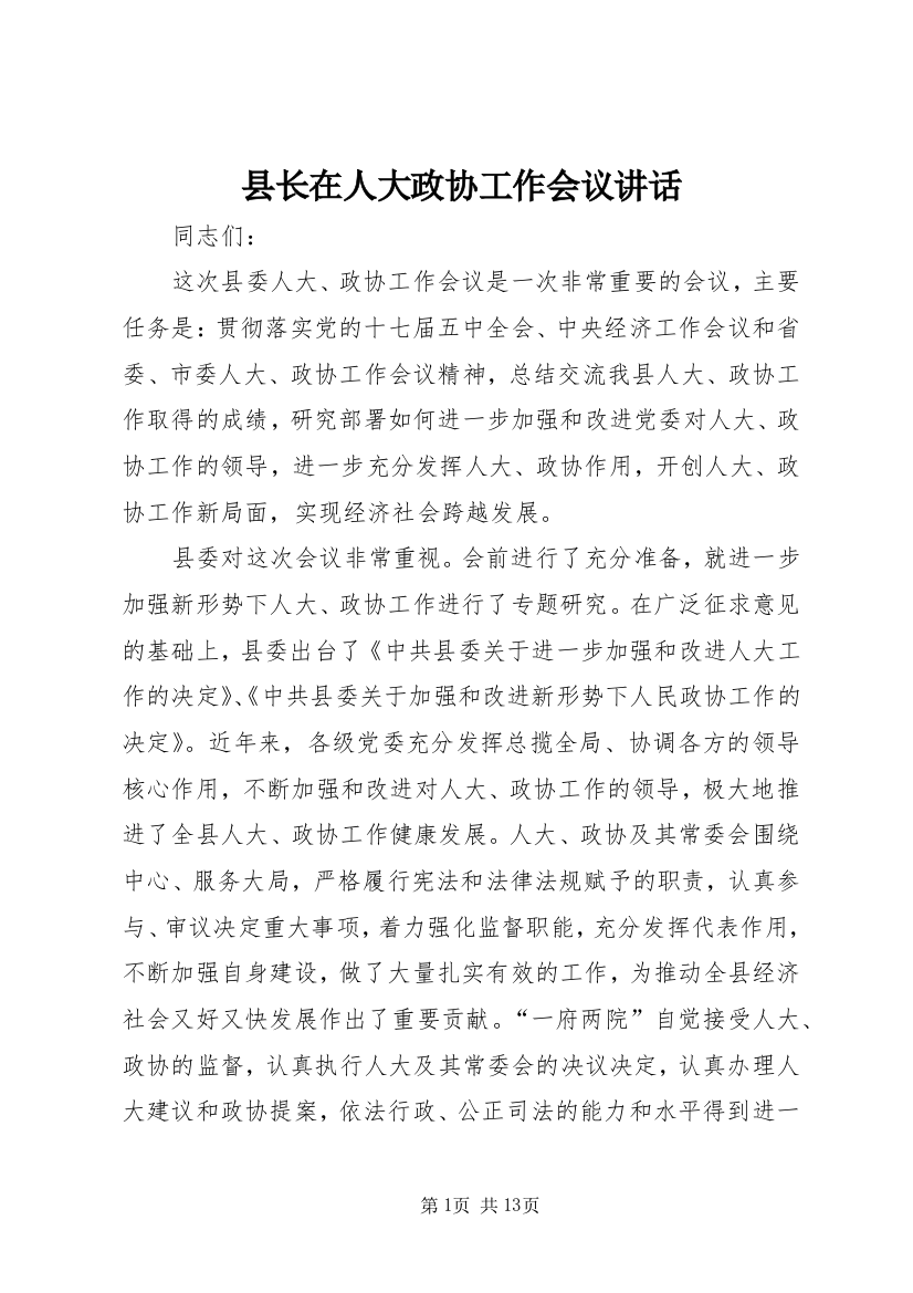 县长在人大政协工作会议讲话