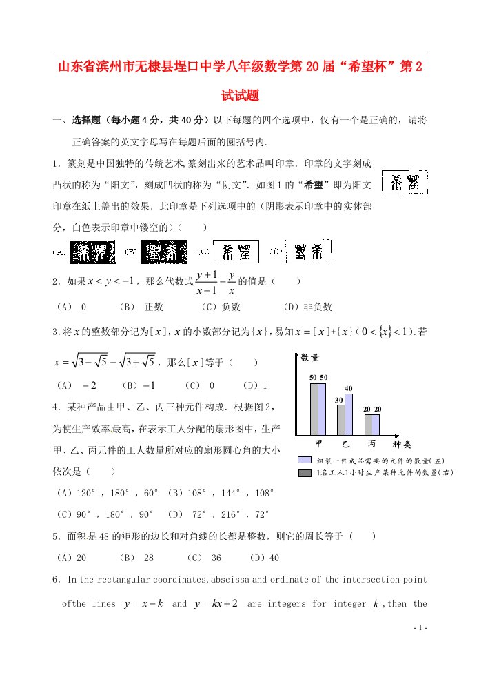 山东省滨州市无棣县埕口中学八级数学第20“希望杯”第2试试题