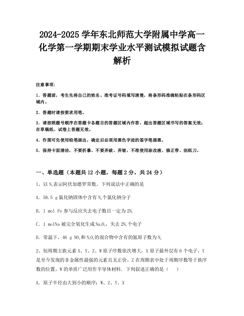 2024-2025学年东北师范大学附属中学高一化学第一学期期末学业水平测试模拟试题含解析