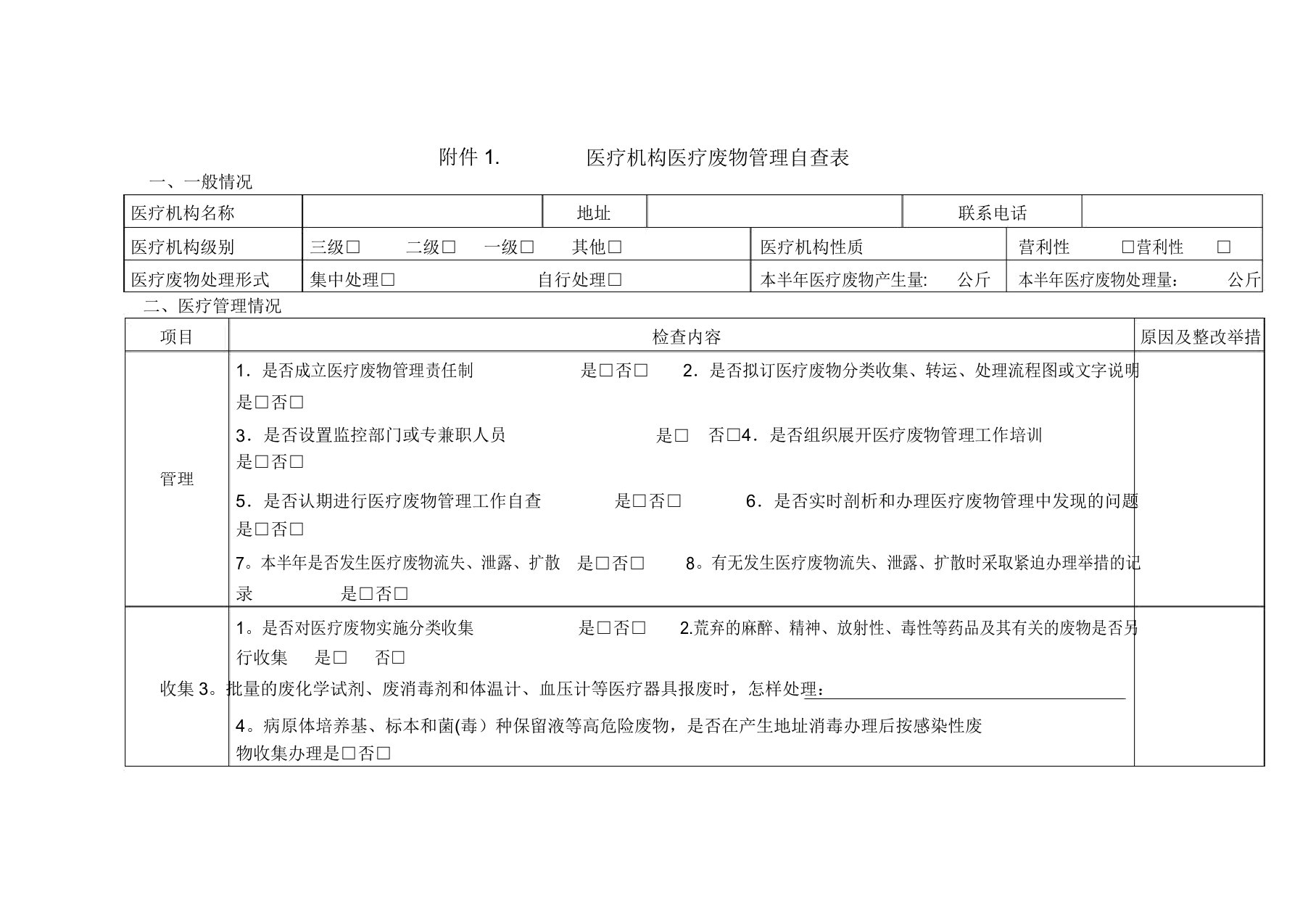 医疗机构医疗废物管理自查表