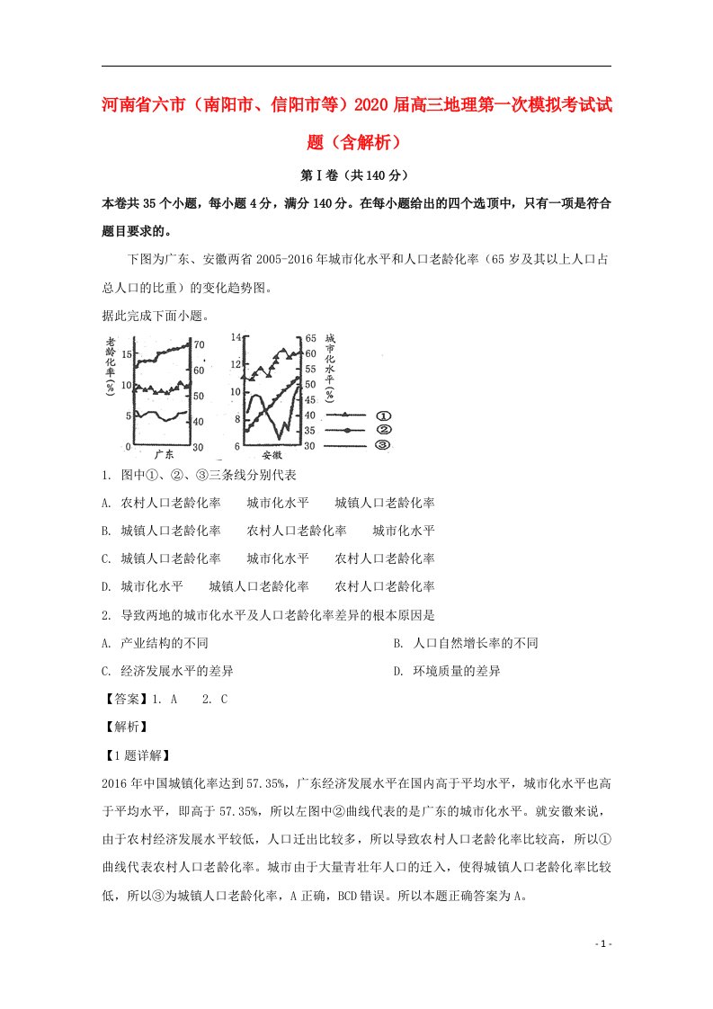 河南省六市南阳市信阳市等2020届高三地理第一次模拟考试试题含解析