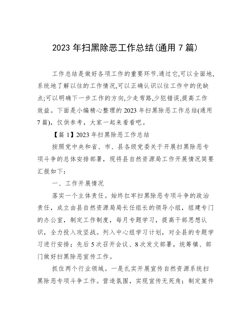 2023年扫黑除恶工作总结(通用7篇)