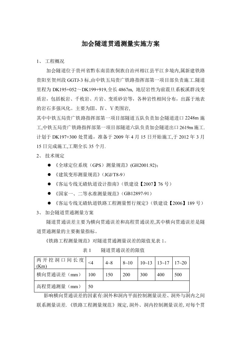 加会隧道贯通测量实施方案