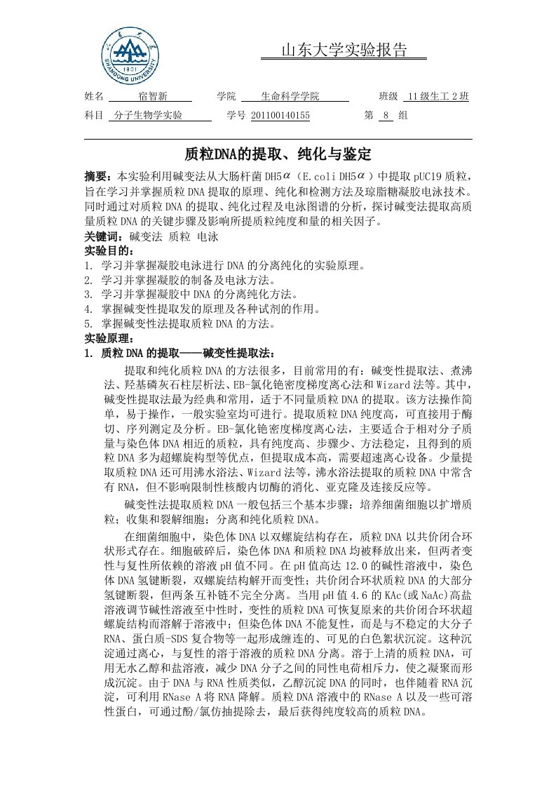 质粒DNA的提取纯化与鉴定