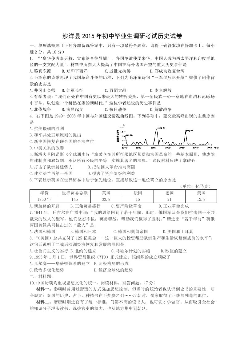 沙洋县2015初中毕业生调研考试历史试卷