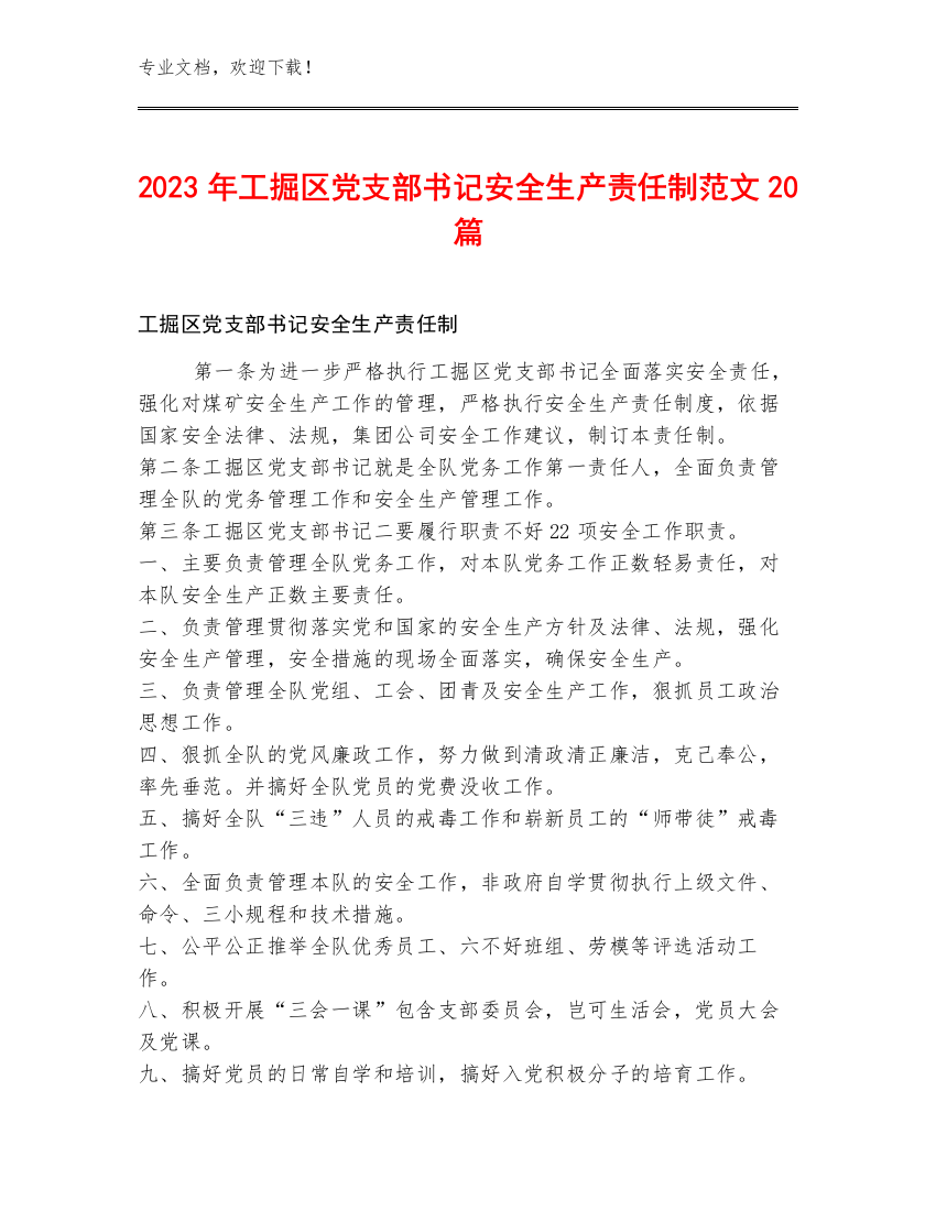 2023年工掘区党支部书记安全生产责任制范文20篇