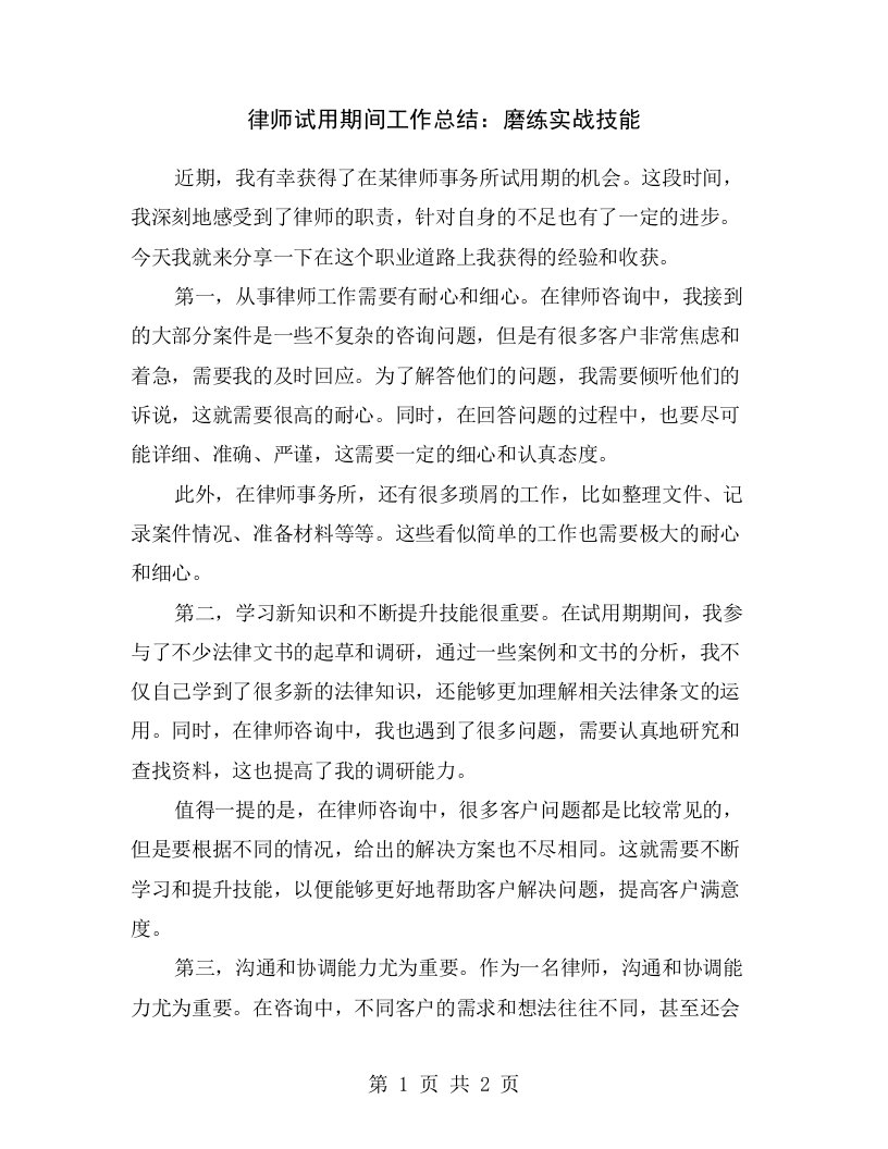 律师试用期间工作总结：磨练实战技能