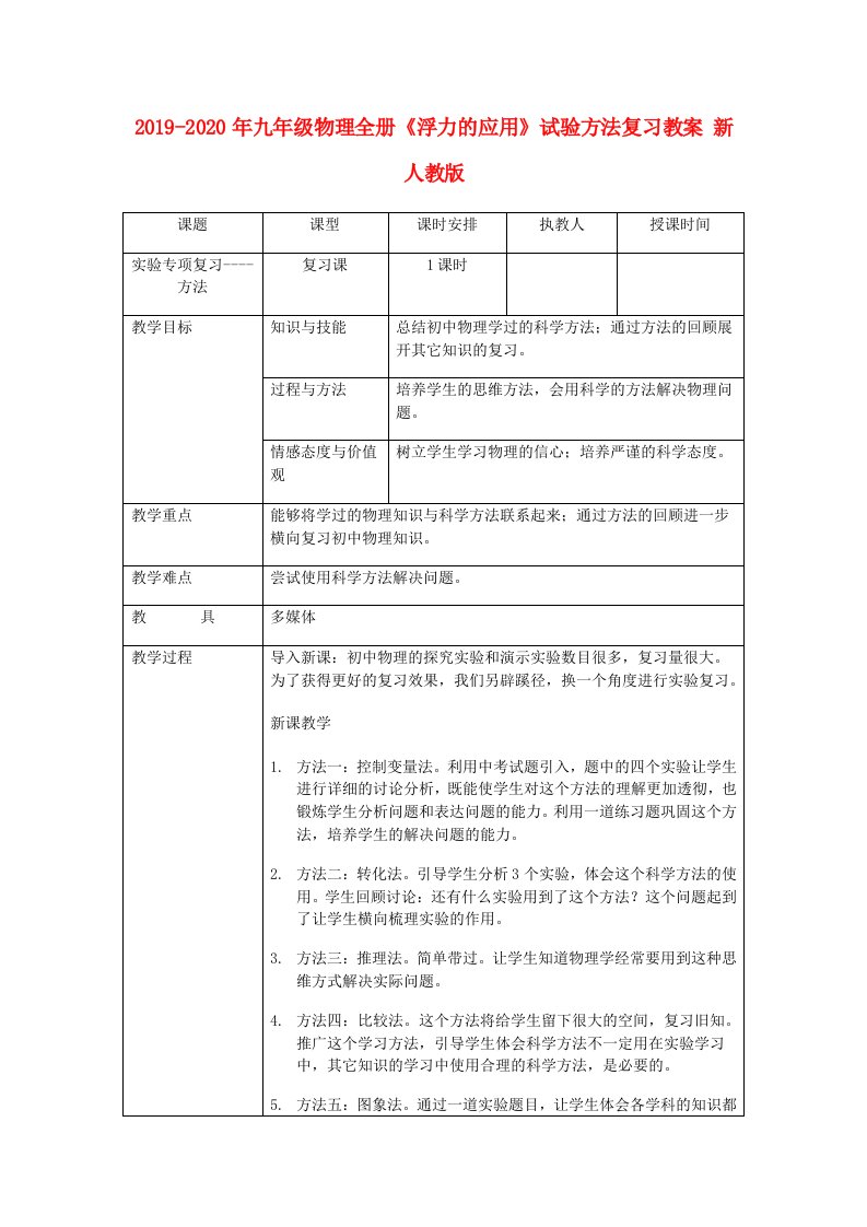 2019-2020年九年级物理全册《浮力的应用》试验方法复习教案