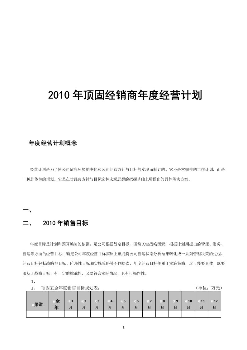 2010年顶固经销商年度经营计划