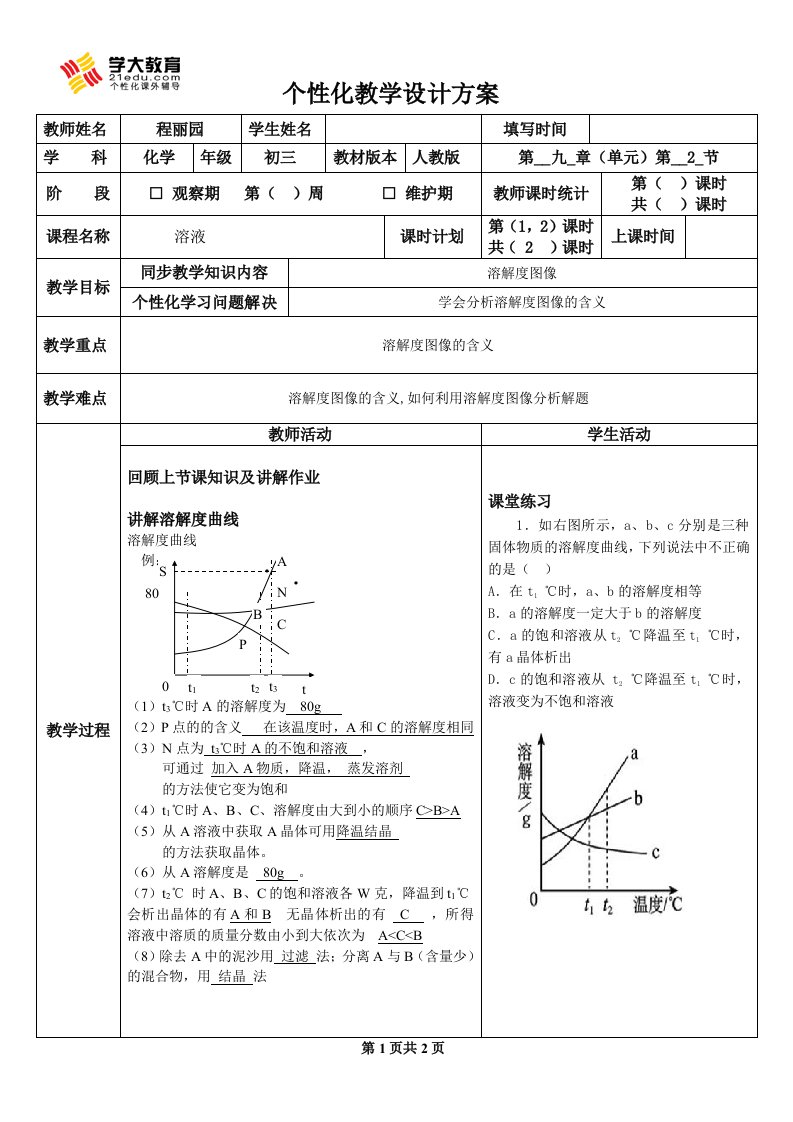 初中化学溶解度图像教案