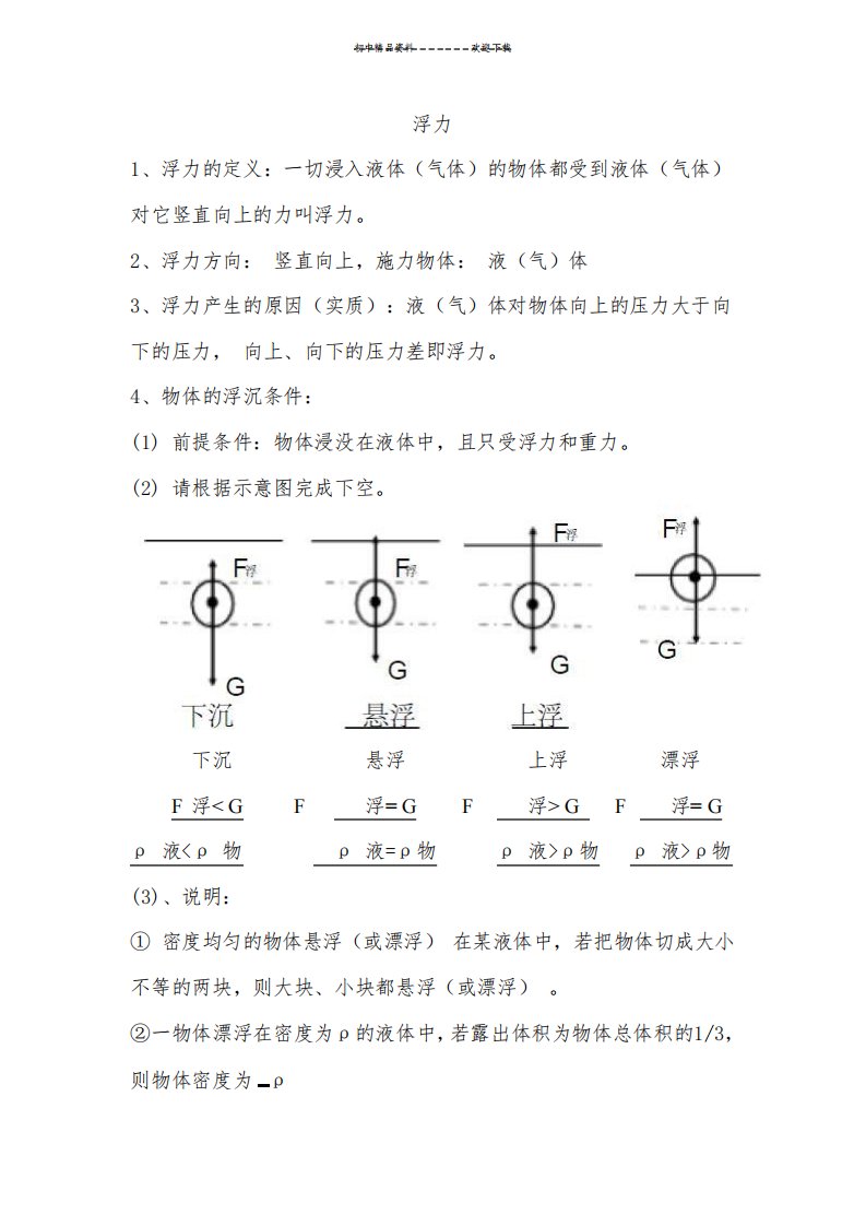 初二物理：浮力练习题(附答案)